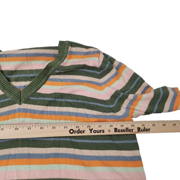 Modcloth Sweater Womens 1X‎ Green Striped Knit V-Neck Pullover 3/4 Sleeve Cotton - Picture 7 of 9